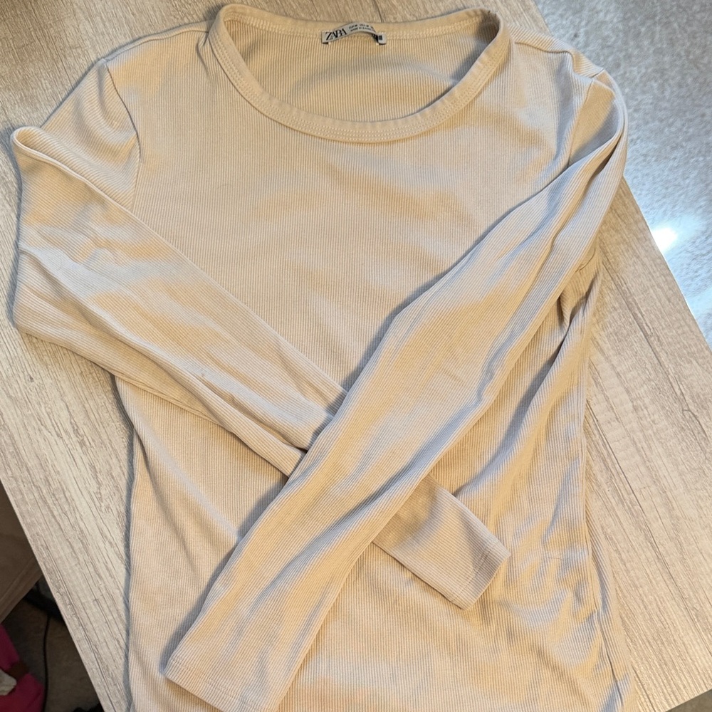 ZARA Beige Ribbed Long Sleeve Crewneck Top